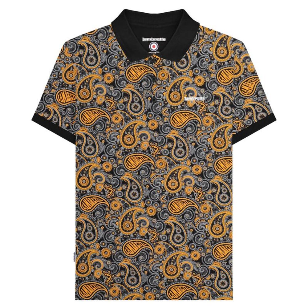 Lambretta Mens SS25 Paisley Branded Polo Shirt / Black/Gold